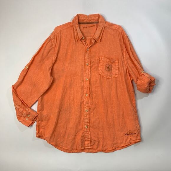 Margaritaville Shirt Mens XL Extra Large Carrot Orange Long Tab Sleeve Button Up - Picture 2 of 10